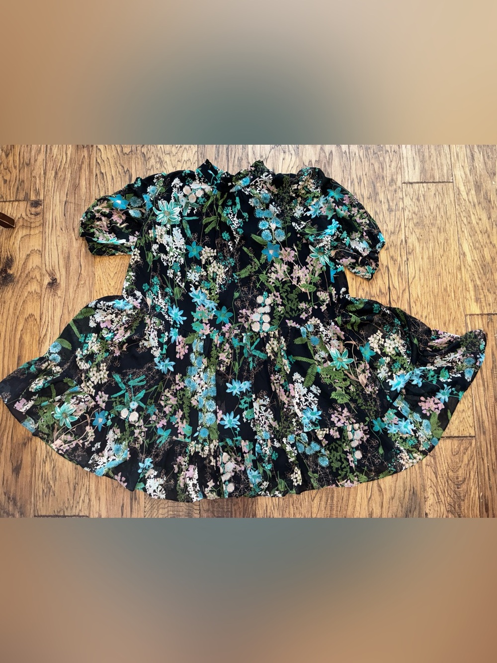 Maison Tara Black Dress with Teal, Green & Cream Floral Print